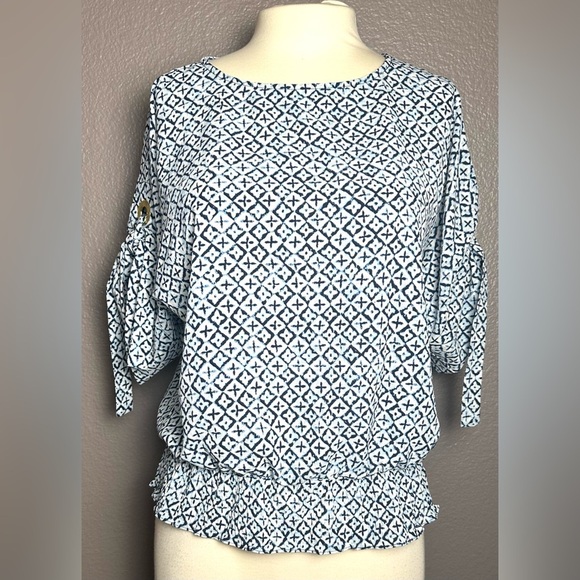 Michael Kors Women’s Top Blouse Blue & White Short Sleeve Size S Ruffle - Picture 1 of 11
